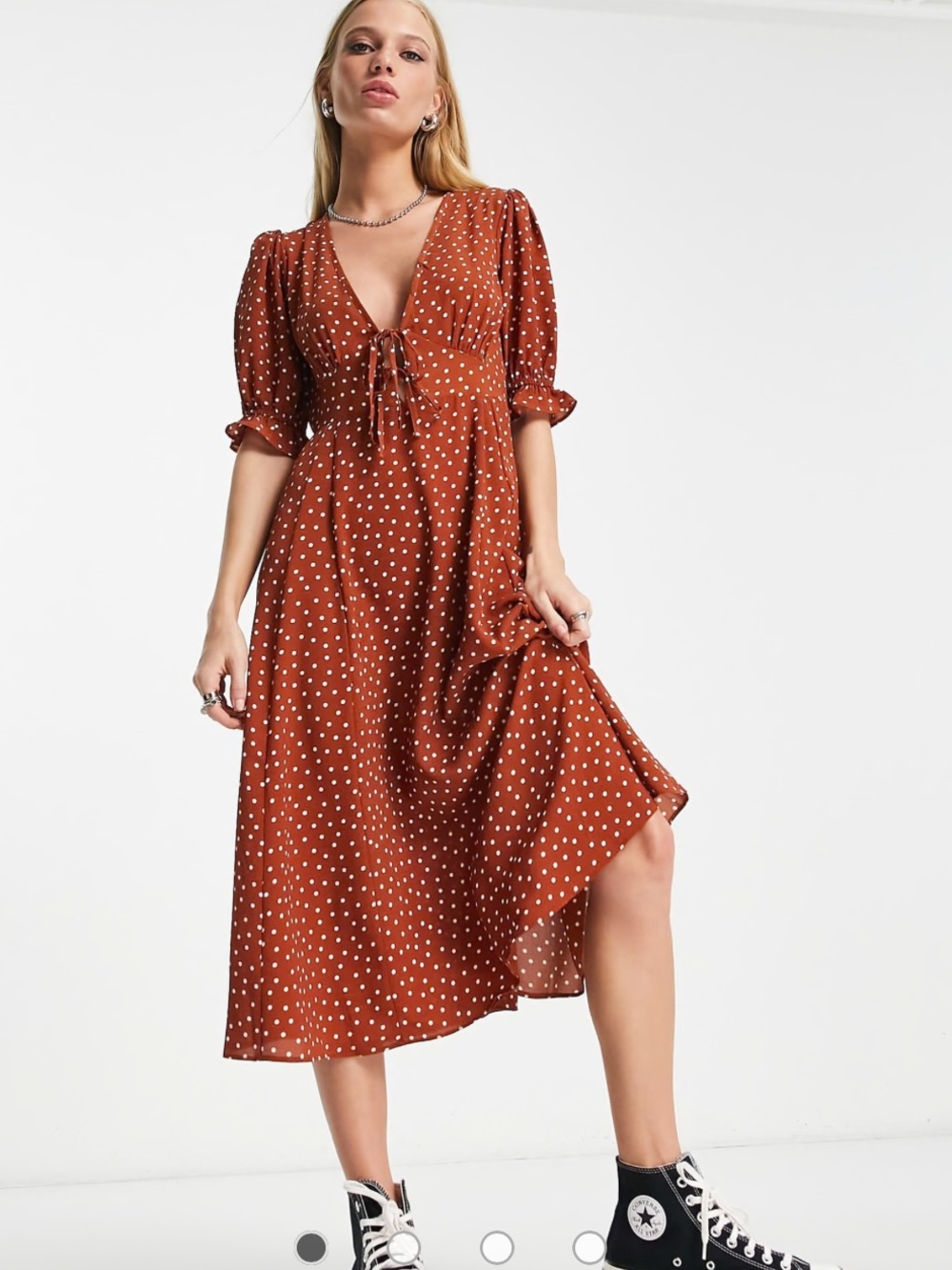 ASOS Tie Front Chuck On Midi Tea Dress in Rust and Ivory Polka Dot